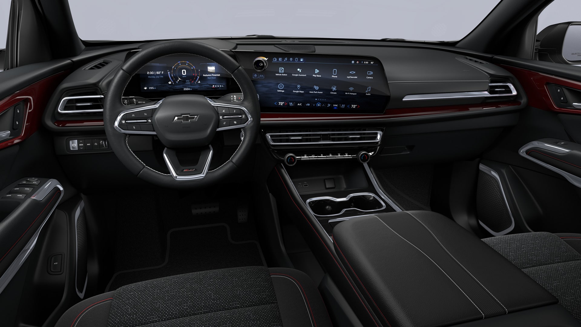 Interior Jet Black de la Chevrolet Traverse con detalles en rojo.